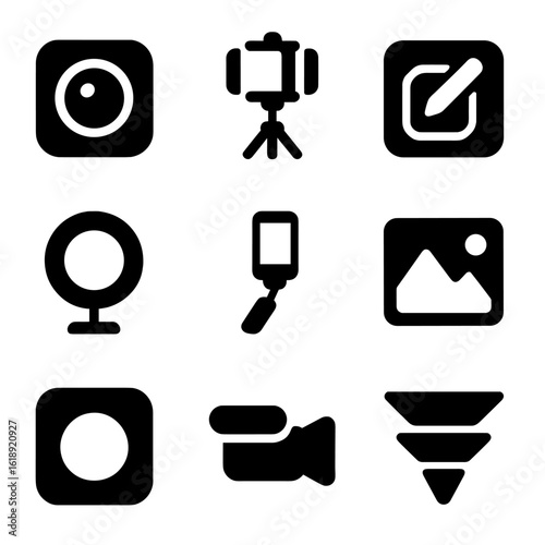 Mobile Photography Tools. Solid, filled icons set of mobile photography and content creation: phone camera