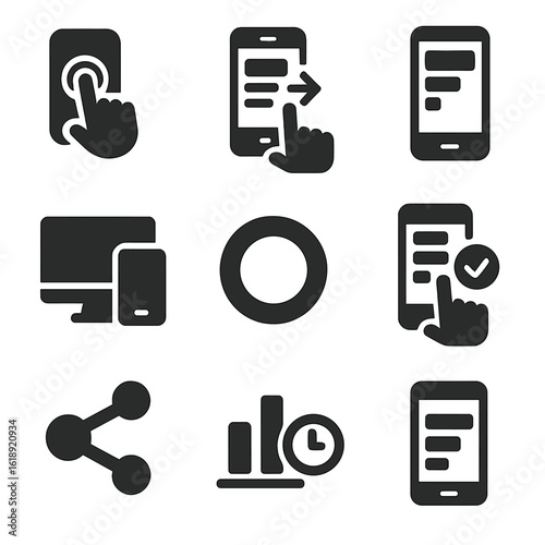 Mobile Poll Icons. Solid, filled icons set of mobile-friendly poll features: touchscreen tap, swipe answer,