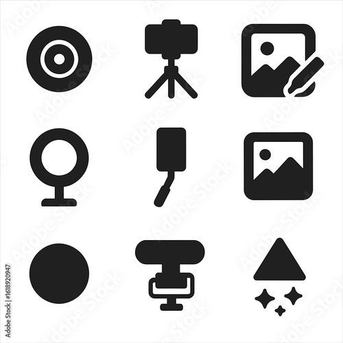 Mobile Photography Icons. Solid, filled icons set of mobile photography and content creation: phone camera