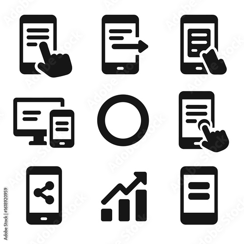 Mobile Poll Icons. Solid, filled icons set of mobile-friendly poll features: touchscreen tap, swipe answer,