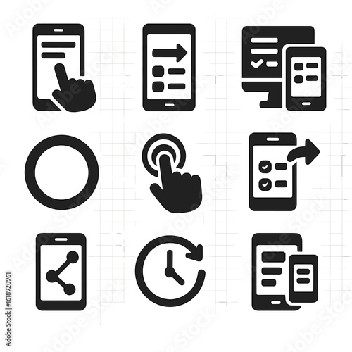 Mobile Poll Icons. Solid, filled icons set of mobile-friendly poll features: touchscreen tap, swipe answer,