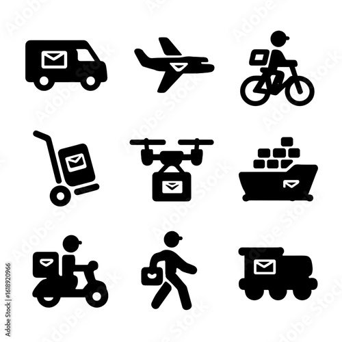 Mail Transport Icons. Solid, filled icon set of mail transport methods: postal van, airplane, bicycle courier, hand truck, drone