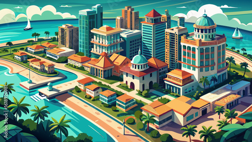 In this aerial view of West Palm Beach, Florida, soft waves reflect golden light beside vibrant neighborhoods. Semi-realistic textures highlight harmony between nature, urban life, and tropical breeze