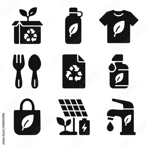 Eco-Conscious Design Icons. Solid, filled icons set of eco-conscious product design: biodegradable packaging,