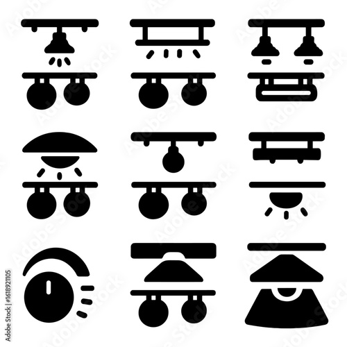 Modern Kitchen Lighting Icons. Solid, filled icons set of pot rack with integrated lighting: spotlight fixture