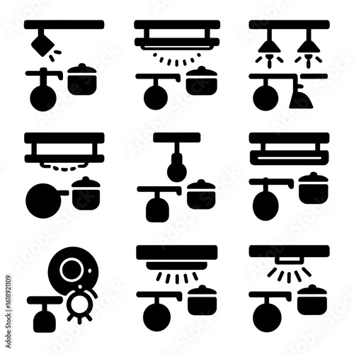 Modern Kitchen Lighting Icons. Solid, filled icons set of pot rack with integrated lighting: spotlight fixture