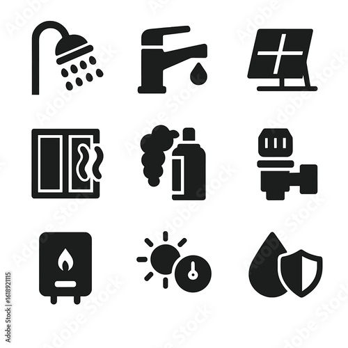 Eco-Friendly Conservation Icons. Solid, filled icon set of water and heat conservation: low-flow showerhead, water-saving faucet,
