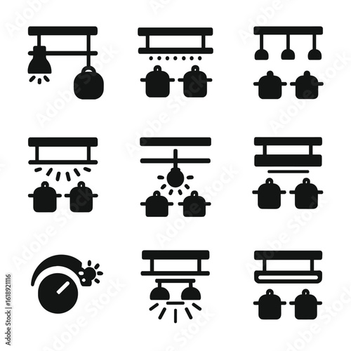 Modern Kitchen Lighting Icons. Solid, filled icons set of pot rack with integrated lighting: spotlight fixture