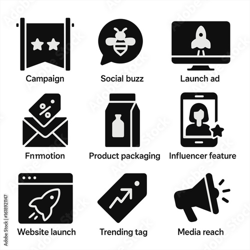 Modern Marketing Icons Grid. Solid, filled icons set of brand launch and marketing rollouts: campaign banner,