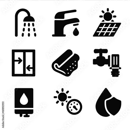 Eco-Friendly Conservation Icons. Solid, filled icon set of water and heat conservation: low-flow showerhead, water-saving faucet,
