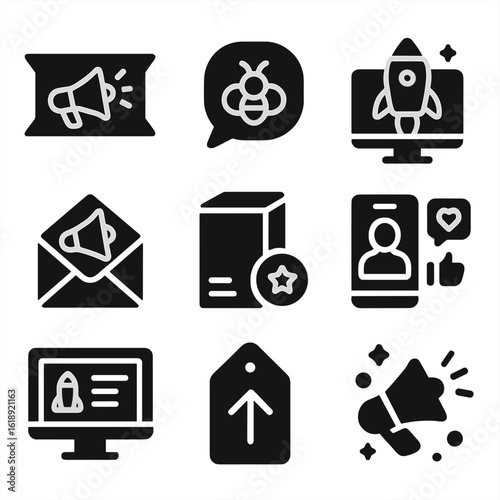 Modern Marketing Icons Grid. Solid, filled icons set of brand launch and marketing rollouts: campaign banner,
