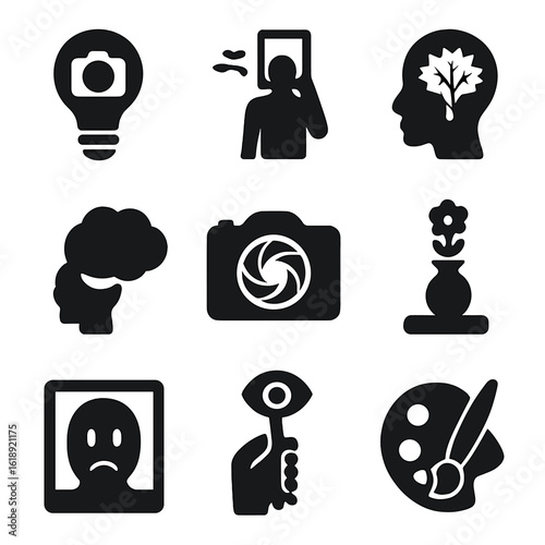 Modern Photography Icons. Solid, filled icons set of conceptual photography: light bulb with camera, surreal