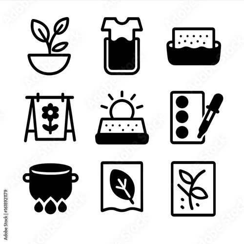 Eco-friendly Dye Icons. Solid, filled icon set of eco-friendly dyeing techniques: natural plant dye, indigo vat, fabric soaking,