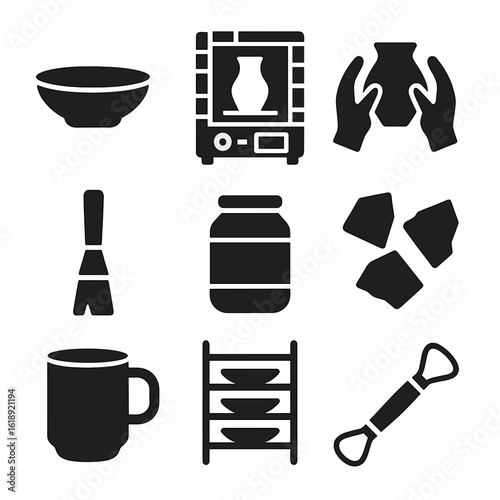 Modern Pottery Icons. Solid, filled icons set of pottery and ceramics: ceramic bowl, pottery kiln, gloved