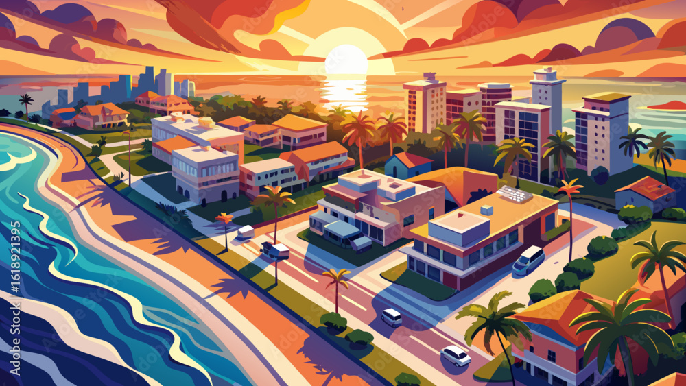Fototapeta premium In this aerial view of West Palm Beach, Florida, soft waves reflect golden light beside vibrant neighborhoods. Semi-realistic textures highlight harmony between nature, urban life, and tropical breeze
