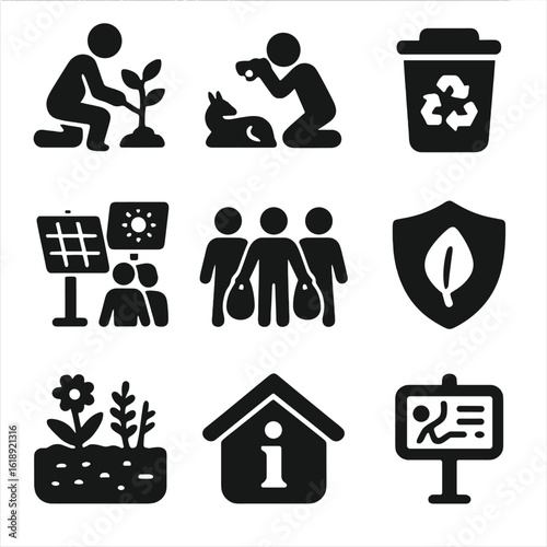 Eco-Tourism Icon Set. Solid, filled icons set of eco-tourism and conservation: tree planting, wildlife
