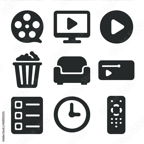 Movie Marathon Icons. Solid, filled icons set of movie and series marathons: film reel, TV screen, play button