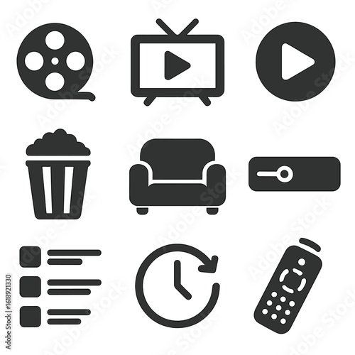 Movie Marathon Icons. Solid, filled icons set of movie and series marathons: film reel, TV screen, play button