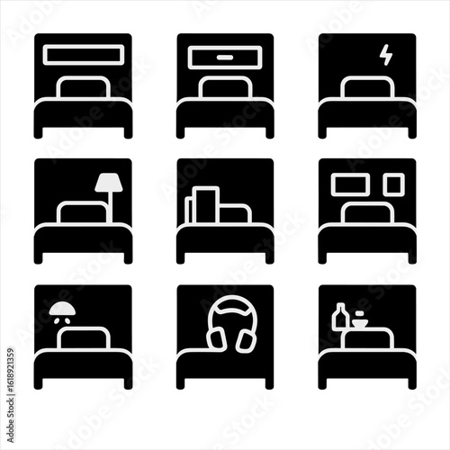 Multifunctional Headboard Icons. Solid, filled icons set of multifunctional headboards with storage: shelf