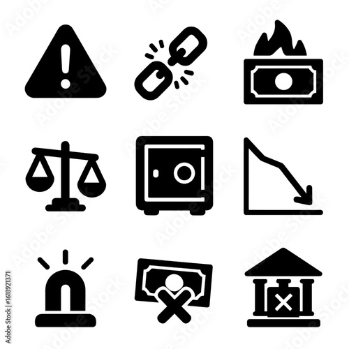 Economic Crisis Icons. Solid, filled icon set of economic crisis symbols: crisis warning, broken chain, money burning, unstable