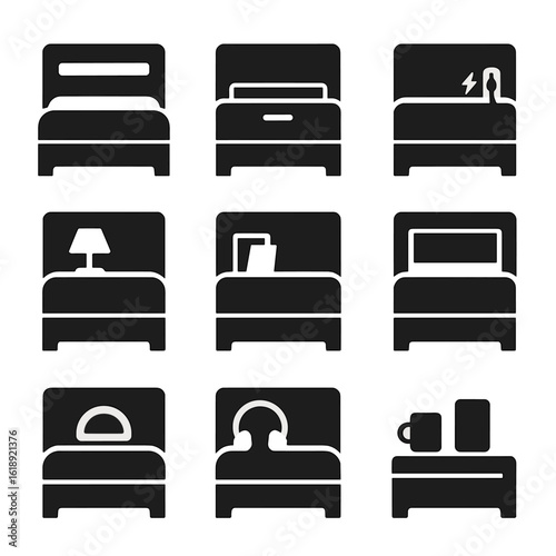 Multifunctional Headboard Icons. Solid, filled icons set of multifunctional headboards with storage: shelf