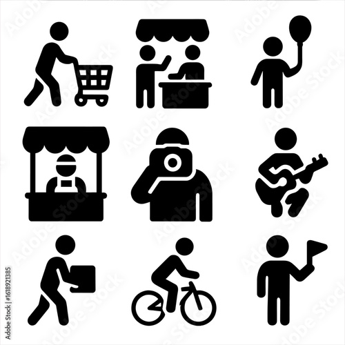 Market Icon Grid. Solid, filled icon set of market visitors: shopper with cart, person haggling, child with balloon, elderly