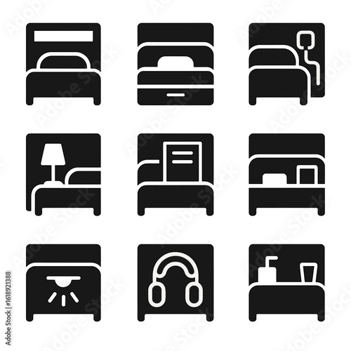 Multifunctional Headboard Icons. Solid, filled icons set of multifunctional headboards with storage: shelf