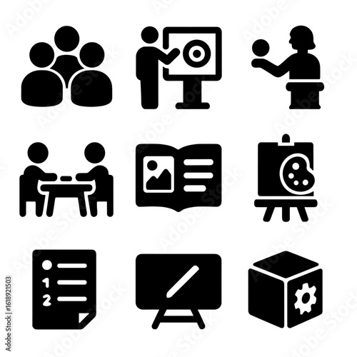 Museum Education Icons. Solid, filled icons set of educational programs in museums: school group icon,