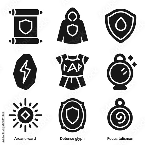 Mystical Protection Icons. Solid, filled icons set of mystical protection tools: barrier scroll, reflective