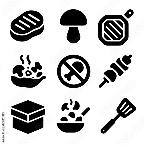 Mycoprotein Cooking Icons. Solid, filled icons set of mycoprotein (fungus-based) cooking: mycoprotein steak,