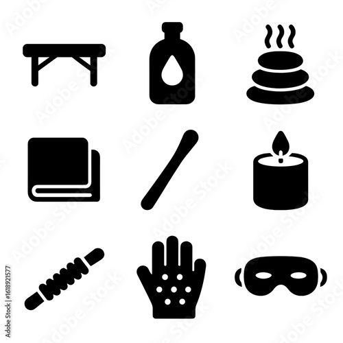 Massage Tools Icons. Solid, filled icon set of massage tools and accessories: massage table, oil bottle, hot stones, towel,