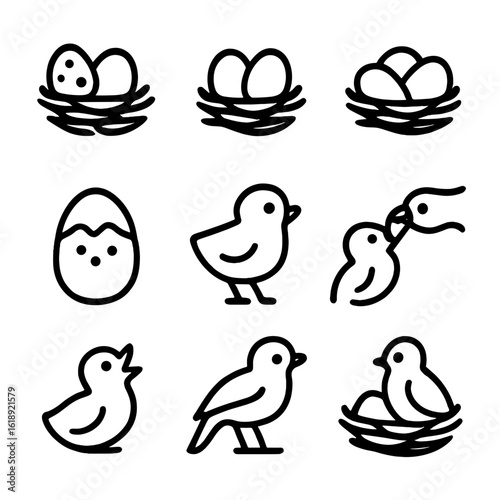 Egg and Chick Icons. Solid, filled icon set of nest eggs and chicks: spotted eggs, blue eggs, clutch of eggs, hatching egg, baby