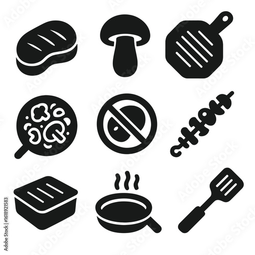 Mycoprotein Cooking Icons. Solid, filled icons set of mycoprotein (fungus-based) cooking: mycoprotein steak,