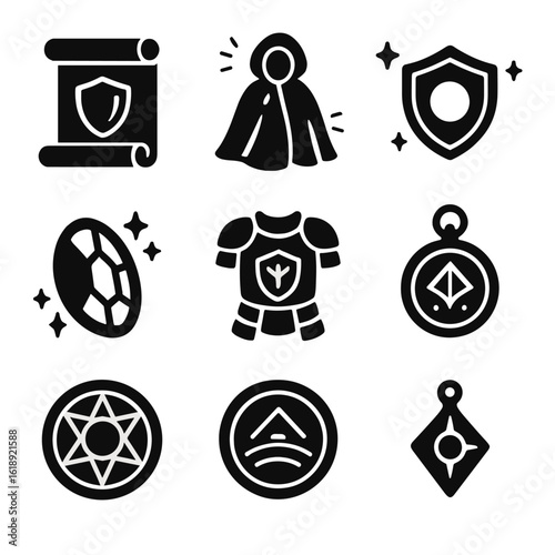 Mystical Protection Icons. Solid, filled icons set of mystical protection tools: barrier scroll, reflective
