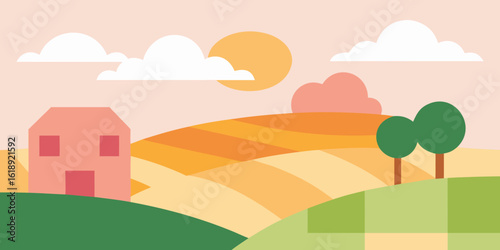 Vector illustration of a summer landscape with houses, green trees, and a blue sky over rolling hills and meadows