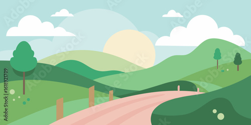 Vibrant summer landscape with a winding road leading to majestic mountains, surrounded by green fields, trees, and a clear blue sky with fluffy clouds
