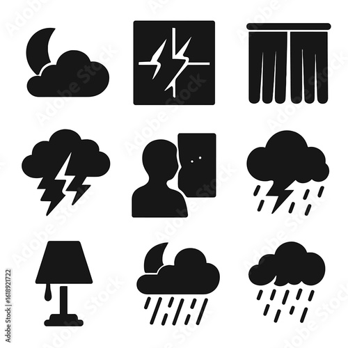Nighttime Storm Icons. Solid, filled icons set of nighttime storm scenes: moonlit cloud, lightning through