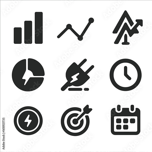 Electricity Consumption Icons. Solid, filled icons set of electricity consumption tracking: bar chart, line