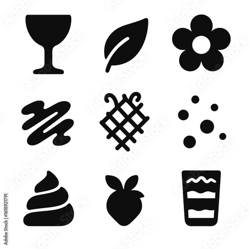 Elegant Dessert Icons. Solid, filled icon set of elegant dessert presentation: dessert glass, gold leaf, edible flower, chocolate