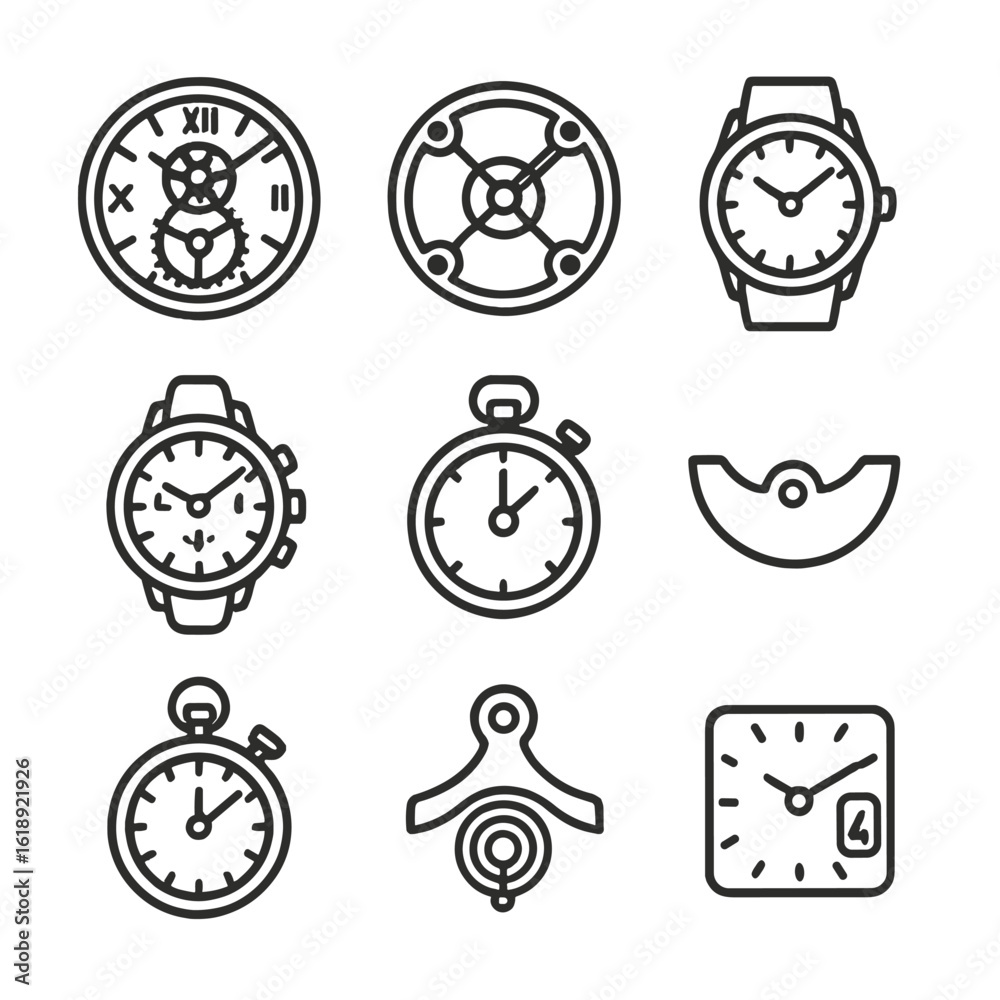 Mechanical Clock Icons. Solid, filled icon set of Modern mechanical clocks: skeleton clock, tourbillon mechanism, automatic watch,