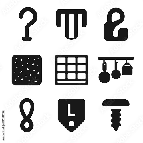 Organizing Tools Icon Set. Solid, filled icons set of organizing tools for hanging racks: labeled hook,