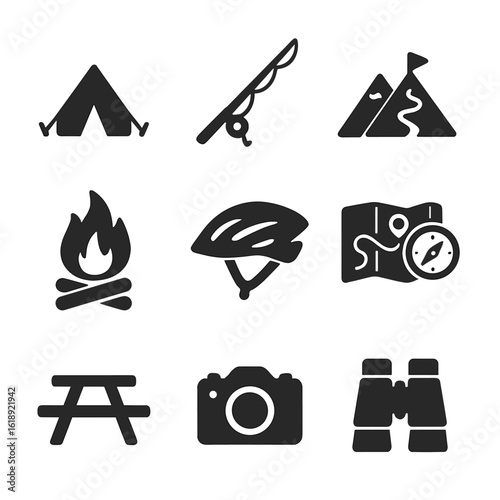 Outdoor Activity Icons. Solid, filled icons set of outdoor bonding activities: camping tent, fishing rod,
