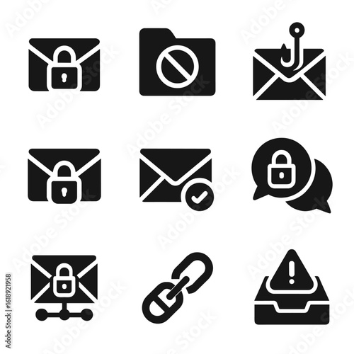 Email Security Icons. Solid, filled icons set of email and communication security: locked envelope, spam