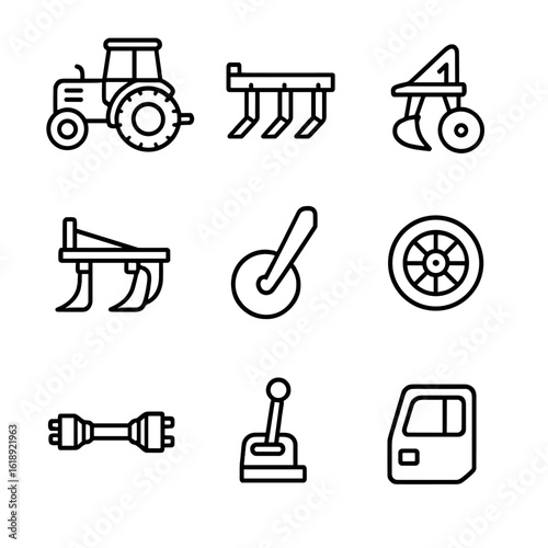 Mechanized Plow Icons. Outline icon set of mechanized furrow plowing: tractor with plow, chisel plow, disc plow, subsoiler, plow
