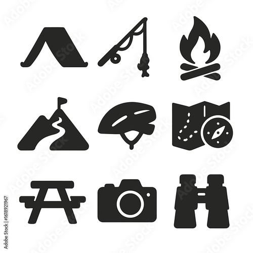 Outdoor Activity Icons. Solid, filled icons set of outdoor bonding activities: camping tent, fishing rod,