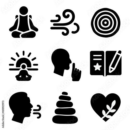 Outdoor Mindfulness Icons. Solid, filled icons set of outdoor mindfulness and solitude: meditating hiker, wind