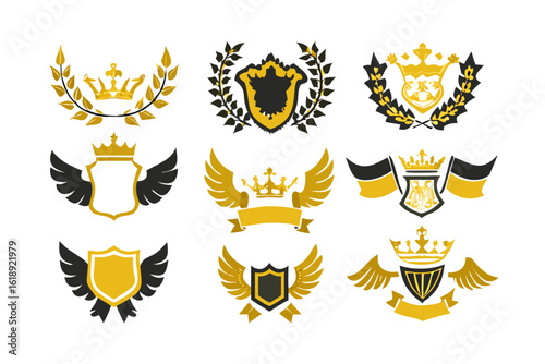 Laurel wreath , shield , wing , ribbon , and banners vector set . Laurel wreath s, shield s, wing s, ribbon s illustration for awards , heraldry , logos , badges , and branding designs