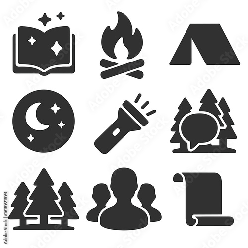 Outdoor Storytelling Icons. Solid, filled icons set of outdoor storytelling: book with stars, bonfire, camping