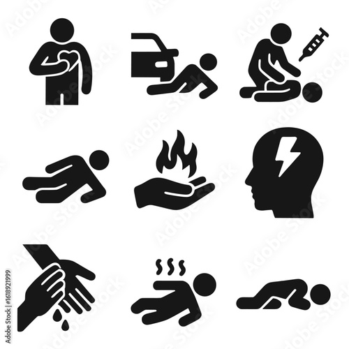 Emergency Icons Grid. Solid, filled icons set of emergency medical scenarios: heart attack icon, accident