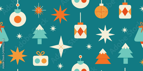 Christmas seamless pattern with decorated trees, snow, and stars for holiday celebration